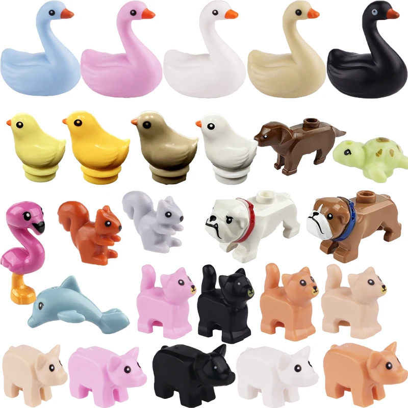 MOC City Animal Building Block Figures Swan Dog Chick Bulldog Squirrel Turtle DIY Farm Street View Accessories Bricks Toys Gifts