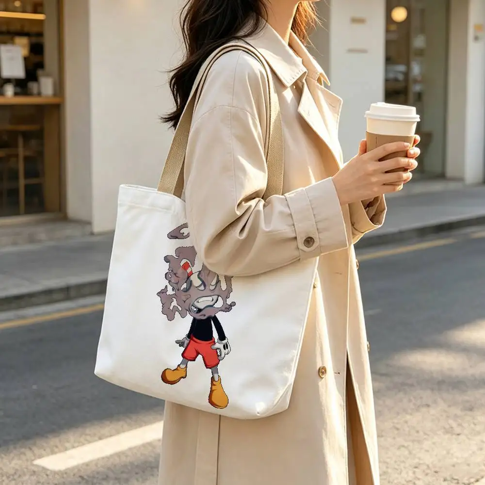 P-Popular C-Cuphead Game Print Canvas Tote Bag Handbag For Daily School Commute Casual Shoulder Bag