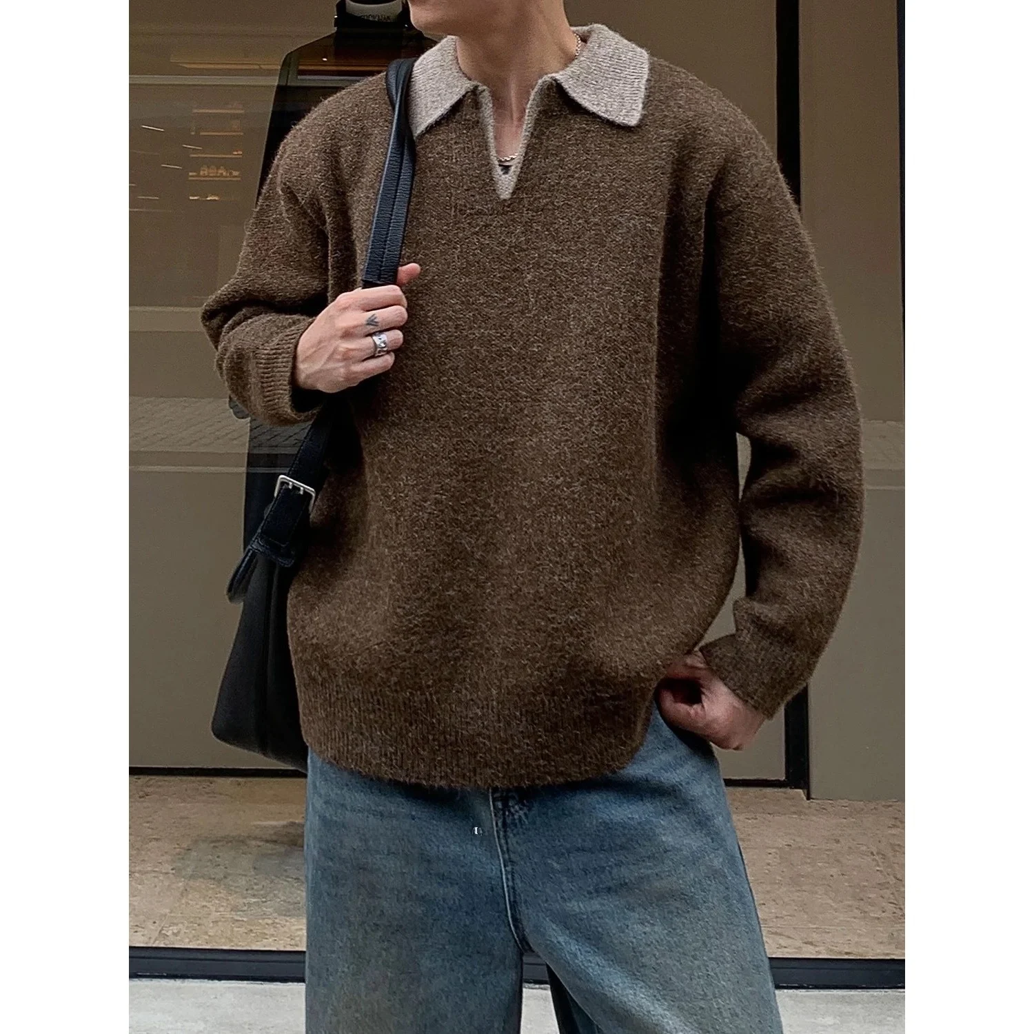 

Плотный свитер крупной вязки с эффектом двухслойности, осенне-зимний, в стиле колор-блок, свободный крой, для мужчин и женщин