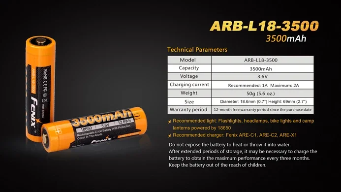 Original Fenix ARB-L18-3500 Rechargeable Li-ion Battery For UC35 V2.0,HM61R,HM65R,HM65R-T,E30R...