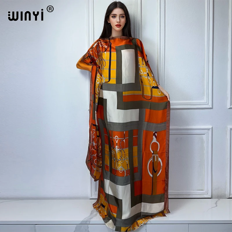 

WINYI african dress with belt woman elegant abaya dubai luxury muslim dress Crew Neck print Kaftan Maxi Length boho dress