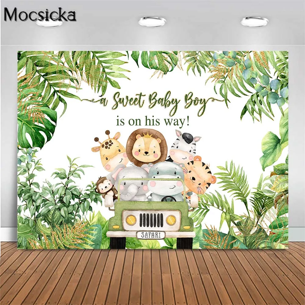 

Mocsicka Jungle Baby Shower Backdrop a Sweet Baby Boy is on His Way Forest Leaves Animal Photo Background Studio Photocall Props