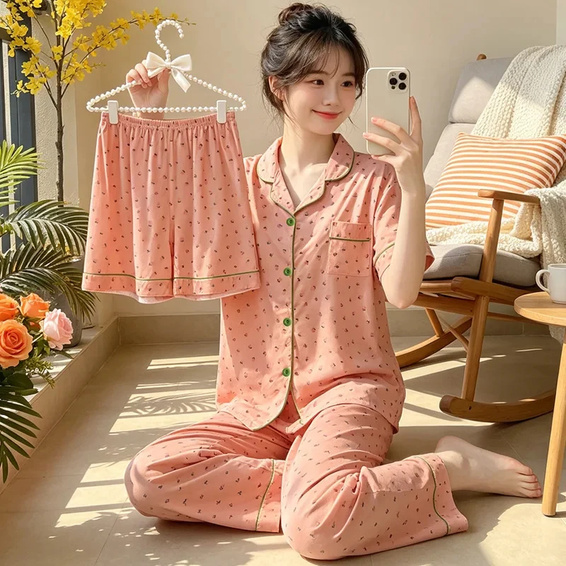 Spring/Summer Short-Sleeve Stylish 3-Piece Women's Pajama Set, Homewear, Teen Girls' Summer Pajamas, Women's Summer Clothing