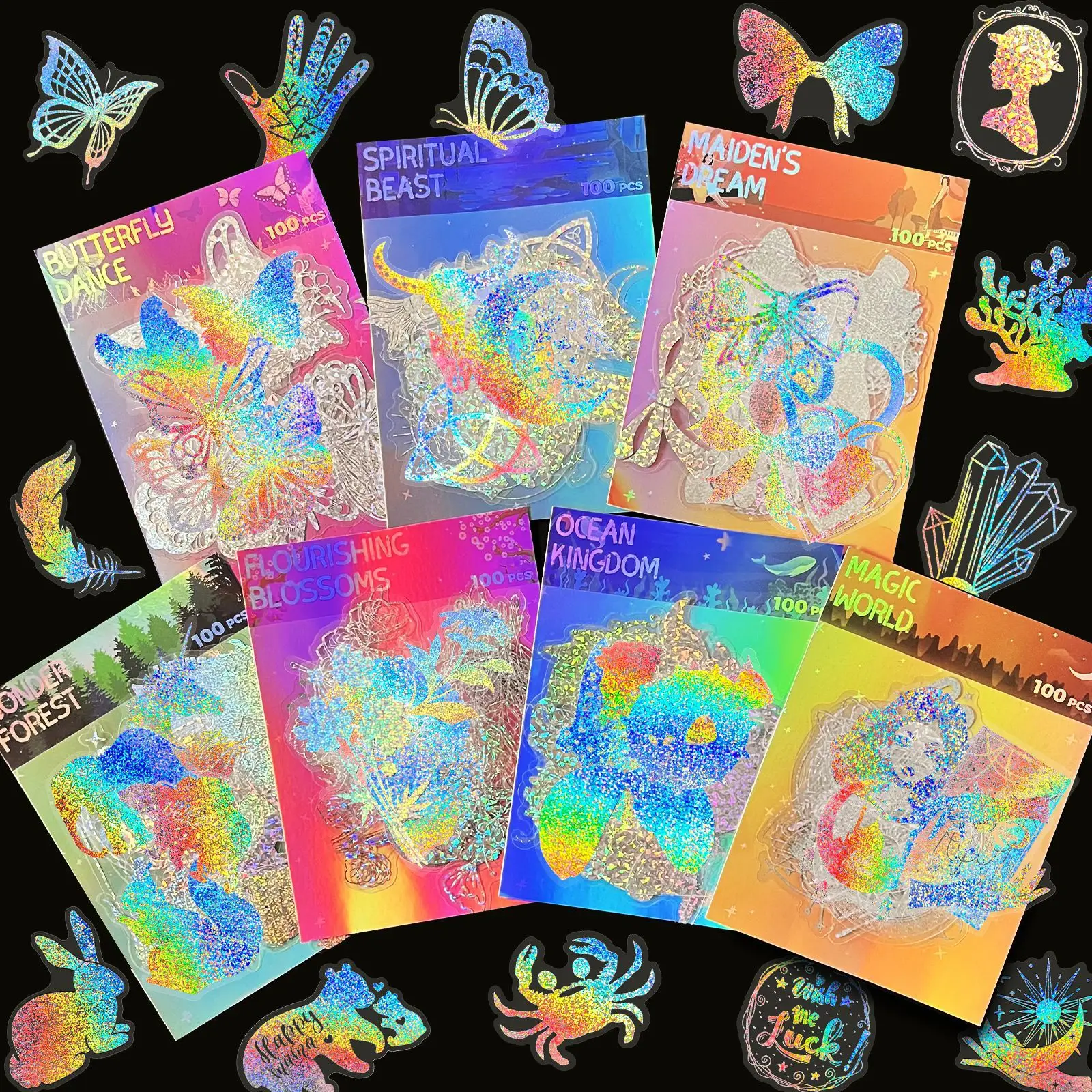 

100 Sheets New Transparent Holographic PET Stickers - Retro DIY Creative Decals for Kids Gift for Children