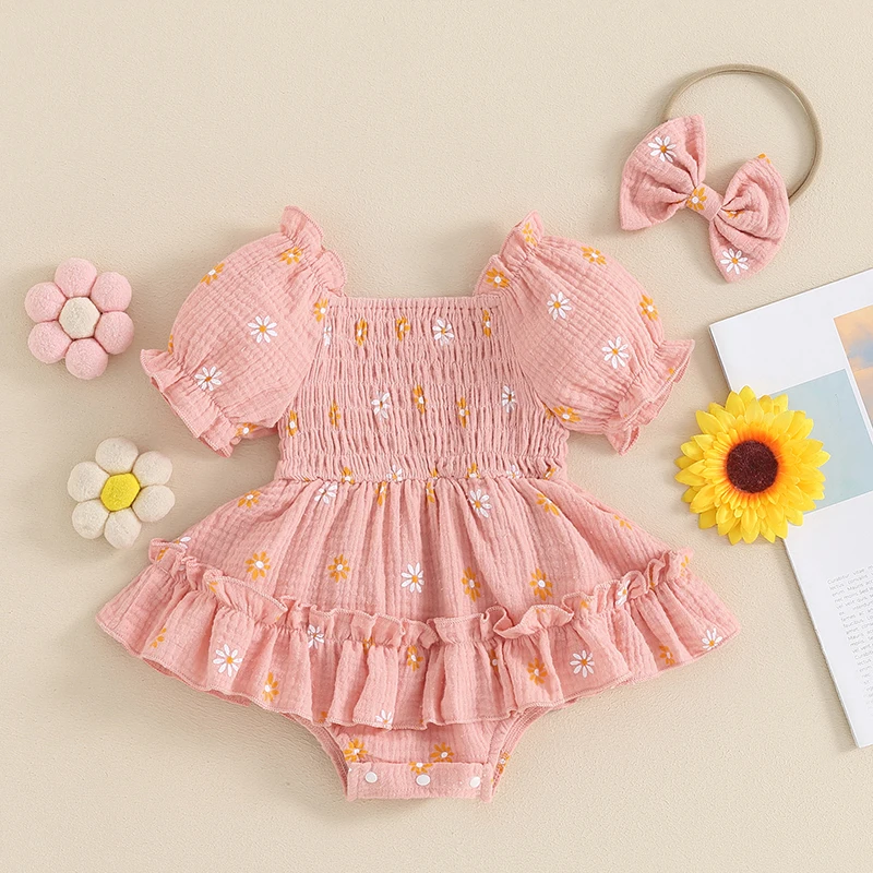 Gaun Romper Daisy bayi perempuan, Bodysuit lengan pendek motif bunga Jumpsuit dengan ikat kepala pakaian musim panas untuk bayi baru lahir