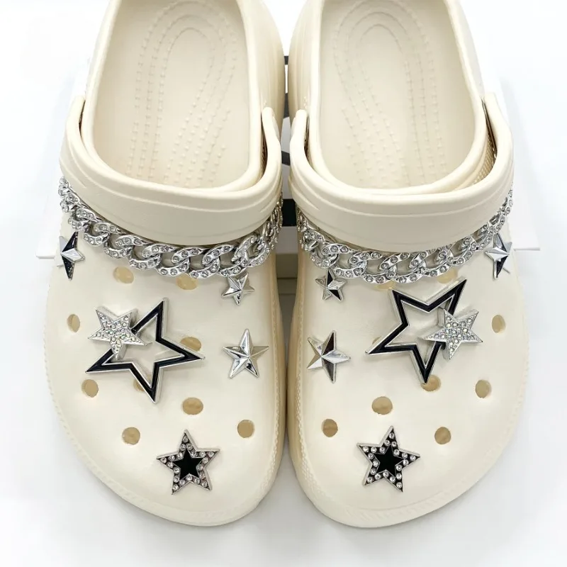 

12PCS Fashion Shoe Charms Set Accessories Hole Shoe Buckle Metal Rhinestone Chain Five pointed Star DIY Shoes Decorations