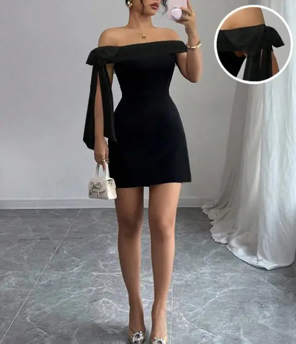 

Elegant Temperament, Mature Lady. One Shoulder Patchwork Ribbon Black Slim Fit A-Line Short Dress