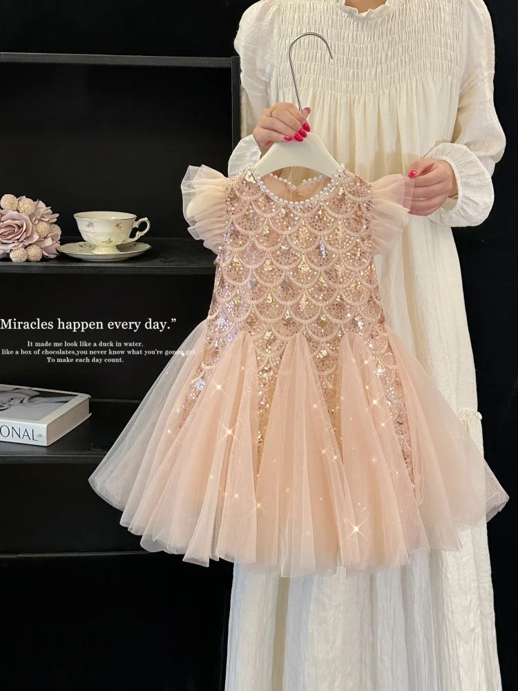 Mädchen Geburtstagsparty Prinzessinnenkleid O-Ausschnitt Trompetenärmel Paillettenbesetztes Mesh-Kleid für Bühnenauftritte Hochzeit S3069-2 – Detail 3