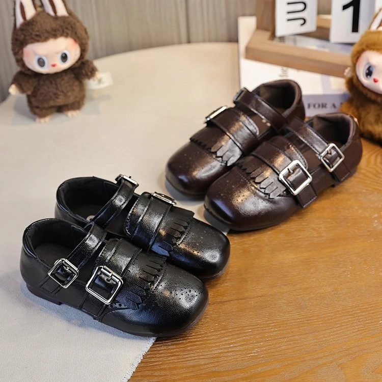 Unisex Kids Retro Fringe Brogue Dress Shoes, Double Metal Square Buckle Strap Soft‑Sole Casual Mary Jane Flat Shoes