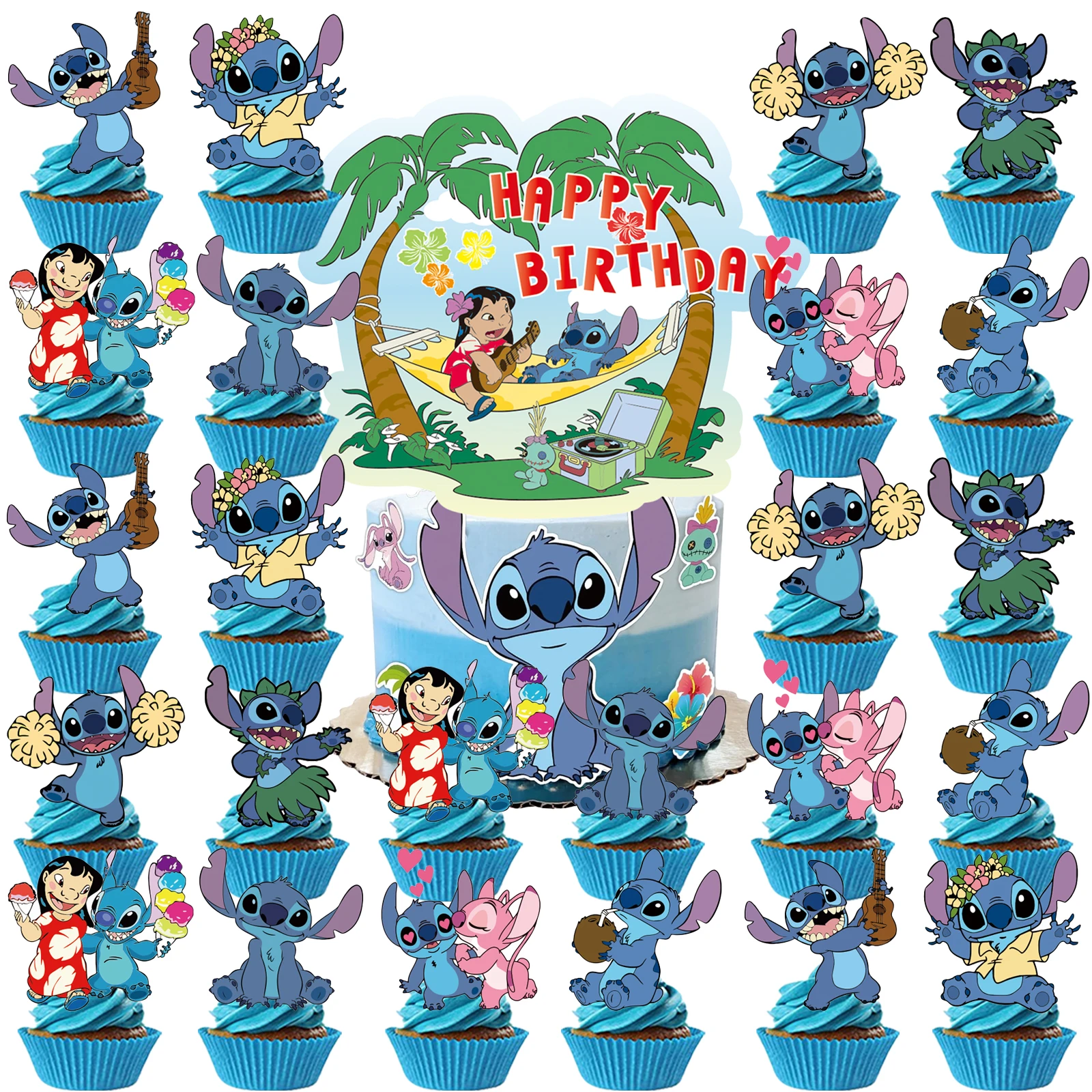 25 piezas de adorno para tarta de punto, adornos para magdalenas, decoraciones de cumpleaños de puntada, suministros para fiestas temáticas de puntada, decoración de cumpleaños de Stitch Angie