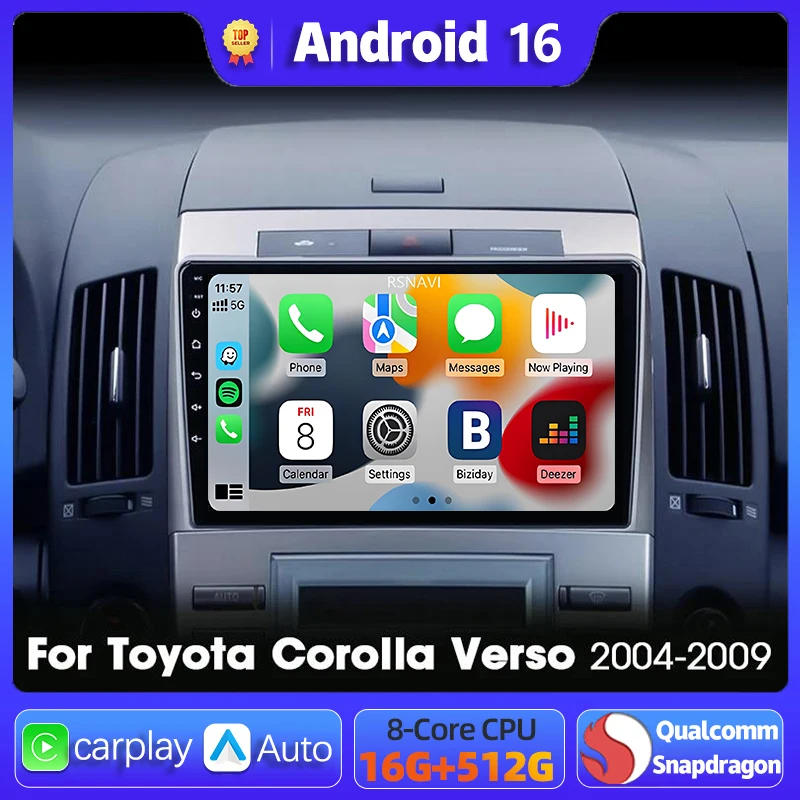Radio multimedia con navegación para coche Android 16 para Toyota Corolla Verso AR10 2004 - 2009, Carplay, Auto Stereo 2 DIN, DVD, GPS, BT