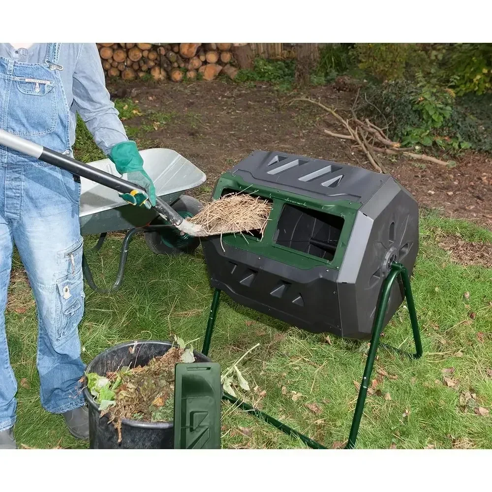 Dual Chamber 160L Compost Tumbler with Two-Leg Stand, Green/Black