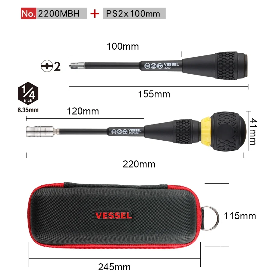 VESSEL - BALL GRIP Ratchet Interchangeable Screwdriver with Ball Grip for Electrician's Repair Hand Tools 2200MBHCPS2+ Bag