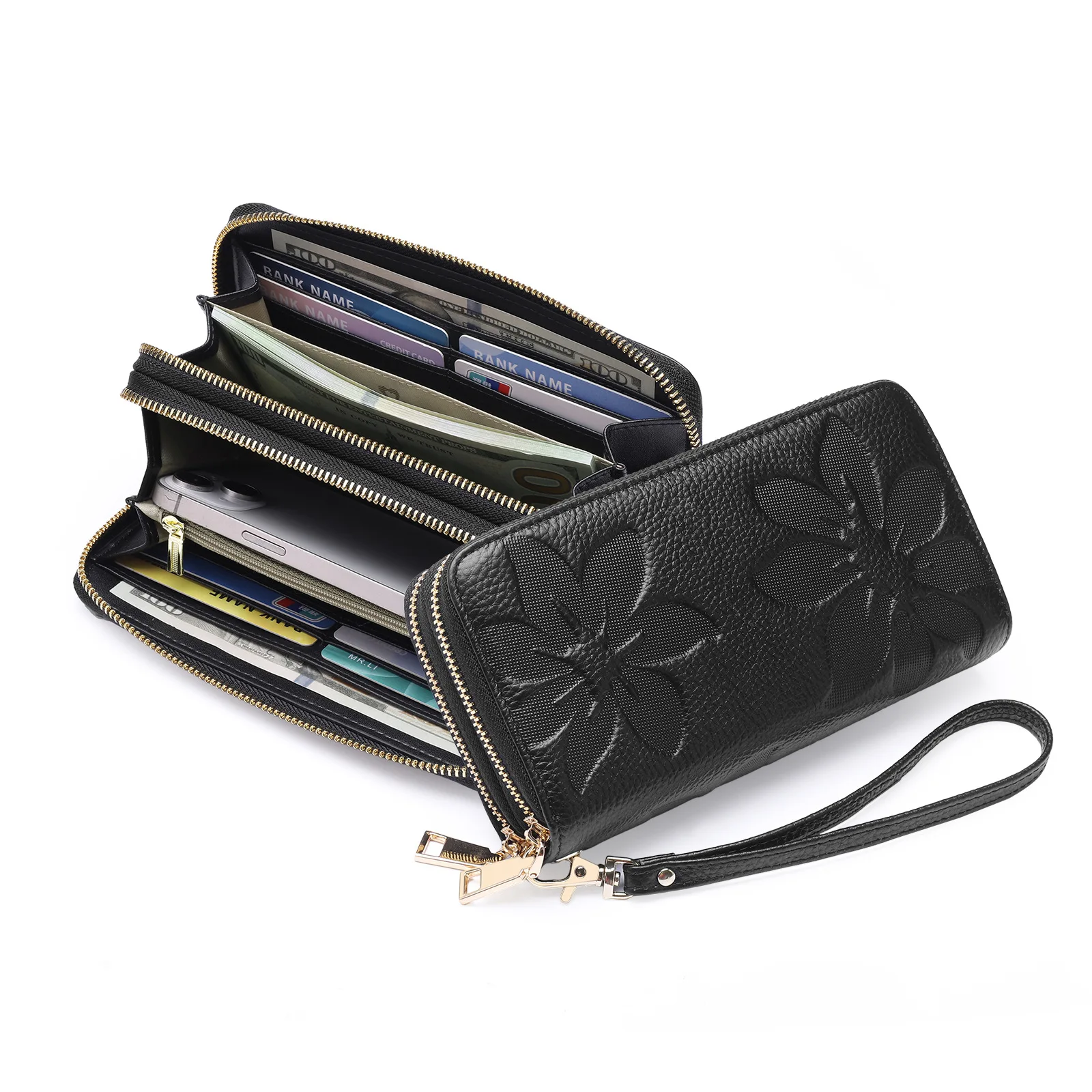 

Genuine Leahter Women's Long Wallet Double Zipper Printed RFID Blocking Womens Phone Bag ID Credit Card Holder Purse for Ladies