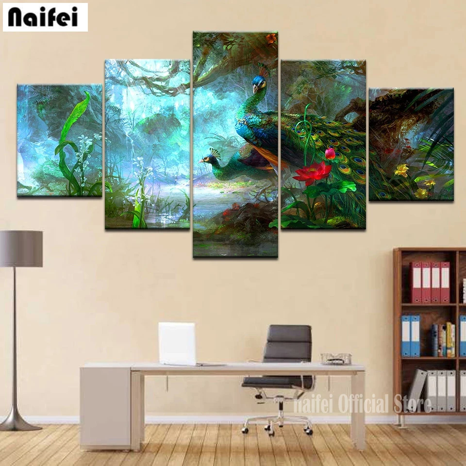 

5-панельная алмазная живопись с изображением павлина, алмазная вышивка своими руками, настенное искусство, стразы, вышивка крестиком, винтажный домашний декор,