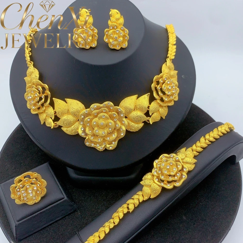 High-End Luxury Elegant Alluvial Gold Fashion Popular Jewelry Set Women Wedding Party Banquet Necklace Earrings Ring 4pcs Gift