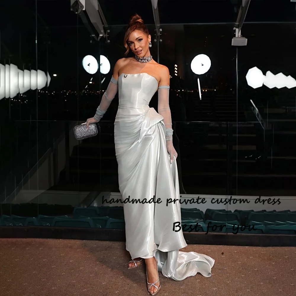 

Gray Satin Mermaid Evening Dresses Strapless Tight Long Formal Prom Dress with Skirt Dubai Celebrate Party Dress