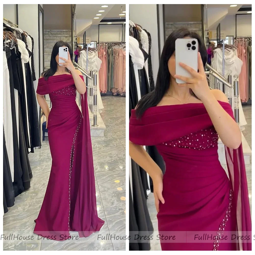 

Custom Made Graceful Boat Collar Pleated Sexy Sheath Saudi Gown Side Split Backless Maxi Length Beading Evening Dress with Train