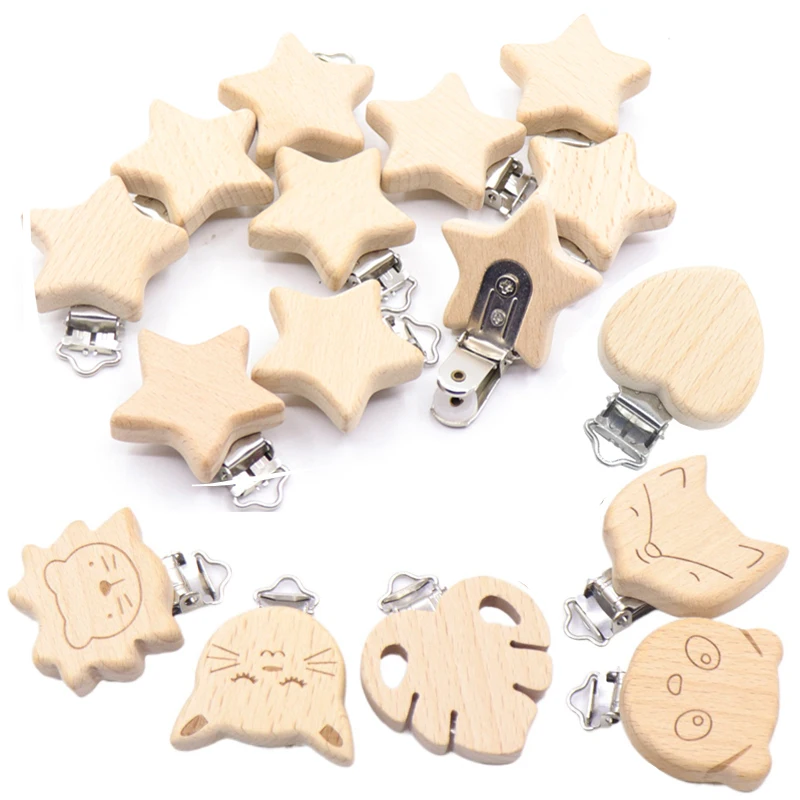 5pcs Woode Pacifier Baby Beech Wooden Animal Elephants Pacifier Metal Clips Holder Heart Pacifier Chain Teether Accessories