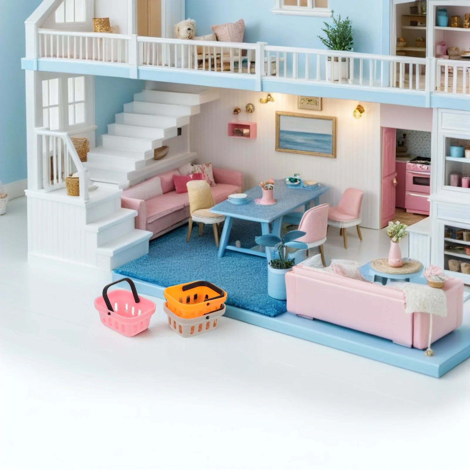 6Pcs Miniature Supermarket Shopping Basket Realistic Mini Grocery Basket for Pretend Kitchen Play Dollhouse Accessories