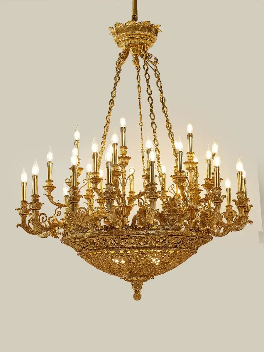 유럽 스타일 모든 구리 조명 빌라 홀 램프, 프랑스 레트로 거실 구리 램프, 럭셔리 듀플렉스 건물 중공 샹들리에