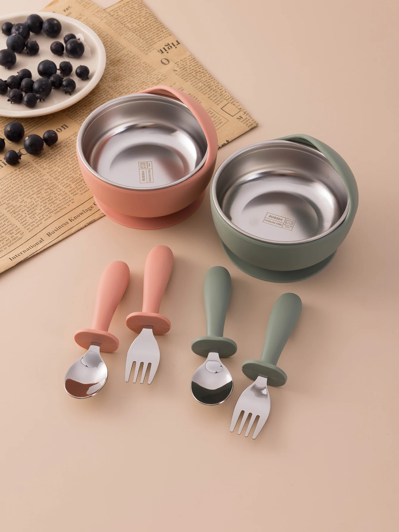 3PCS Baby Feeding Stainless Steel Bowl Fork Spoon Set Detachable Design Silicone Weaning Tableware BPA Free Training Utensils