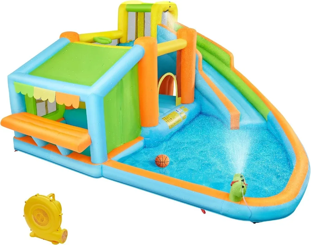 

Bounce House, Water Bouncer Castle for Aged 3-10 W/Splash Pool, Toy Market Stand, Bouncer Area, Slide,