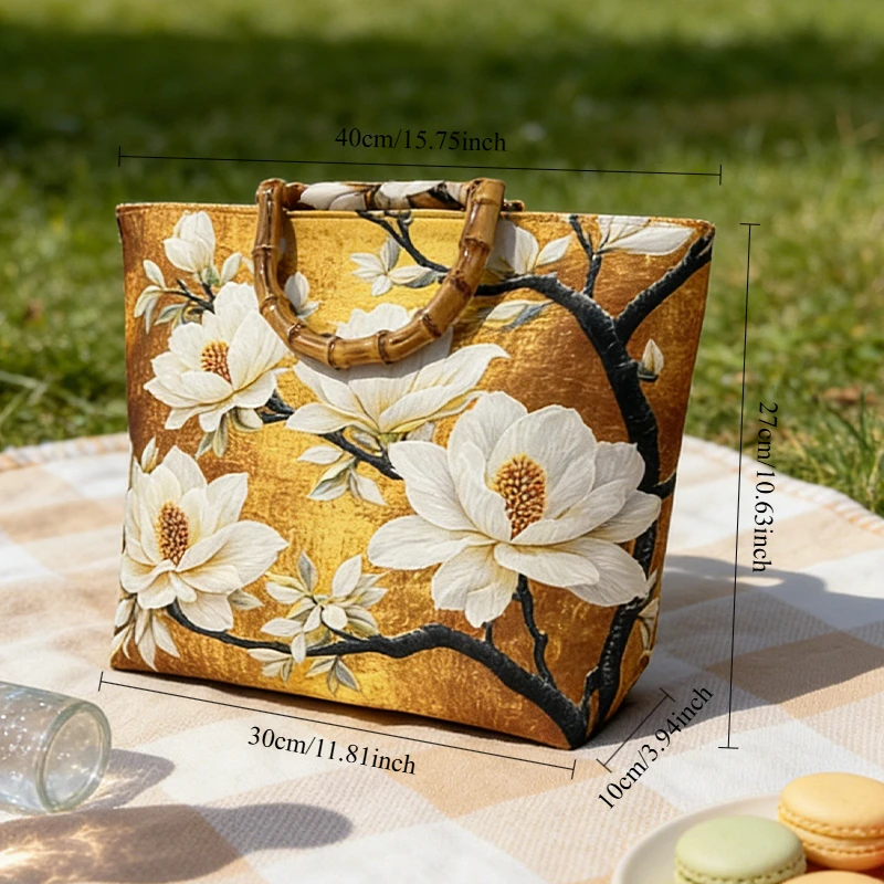 Magnolia-Ölgemälde-Tragetasche für Damen, Handtasche mit Bambusimitat-Griff und großem Fassungsvermögen, für Pendeln und Einkaufen, tägliche Reisen – Detail 7