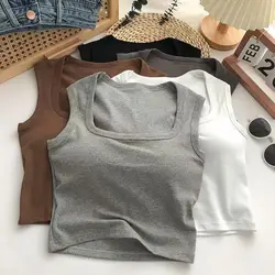 Tank Top With Built In Bra Cups Women's Square Neck Vest Female Casual Sport Fashion Short Top Basics Solid Crop Top 2023 Summer