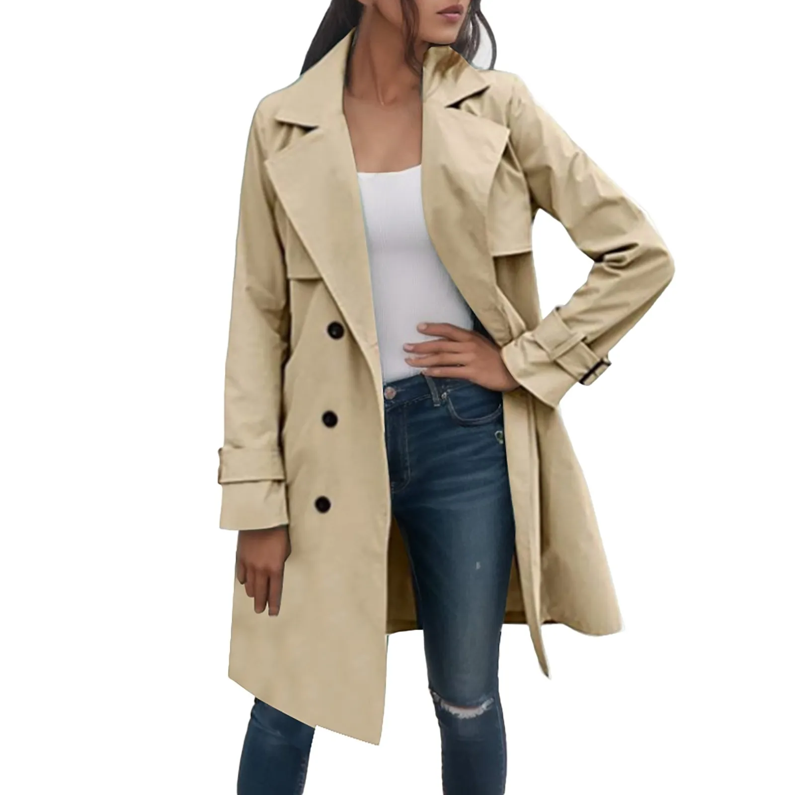 Fashion Women Casual Solid Color Coat Adults Autumn Elagant Fashion Long Sleeve Lapel Neckdouble Breasted Belted Trench Coat