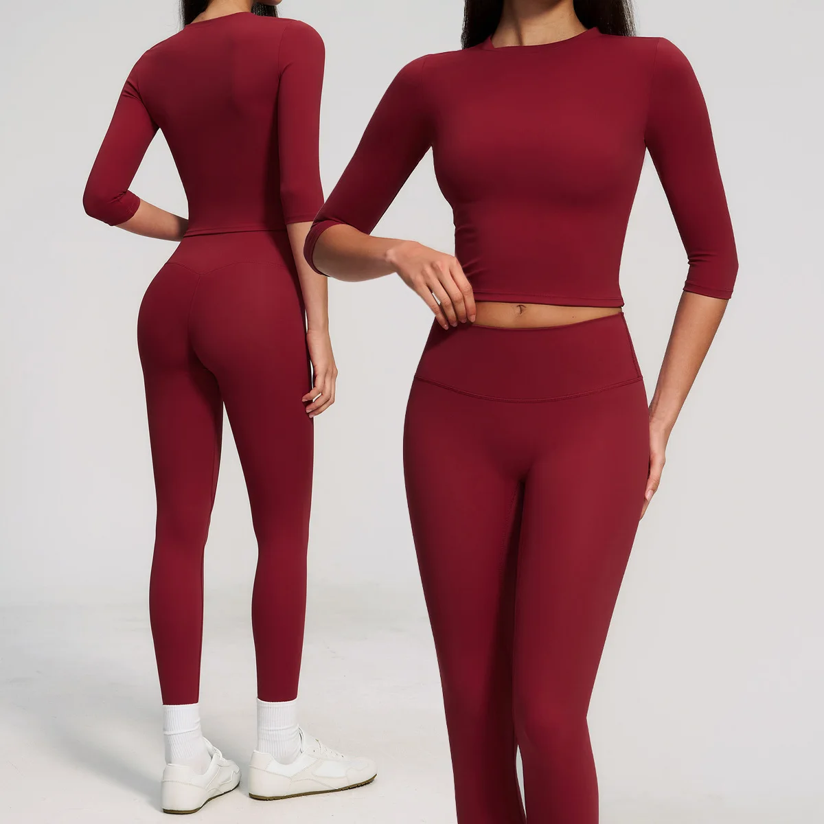 Women Yoga Set 2PCS Workout Set Sportswear Gym Clothing Fitness Mid-sleeved T-shirt High Waist Leggings Sports Suits