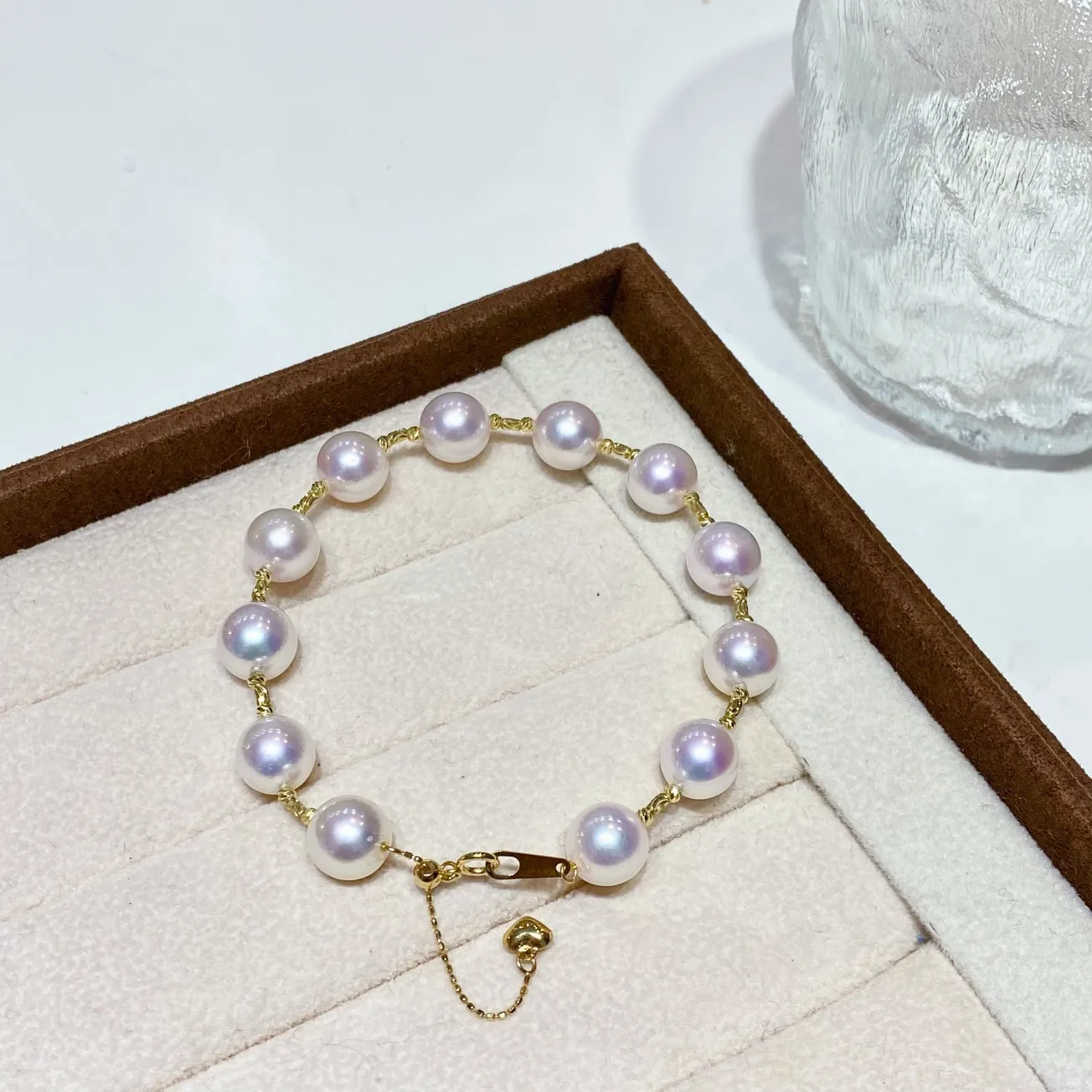 7mm Natural Freshwater Pearl Jewelry Set Mirror Lustre 18K Gold Adjustable Chain Necklace Bracelet For Women