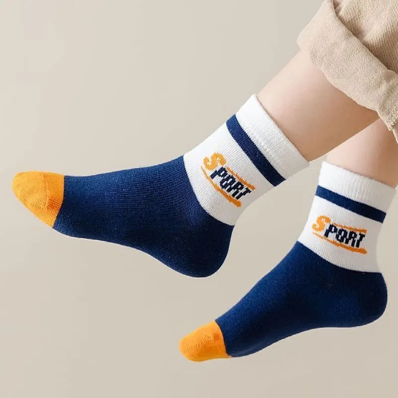 5Pairs/Set Winter Baby Boys Socks Classic Letter Stripe Sport Sock for Toddler Soft Cotton Elasticity Kids Middle Tube Socks