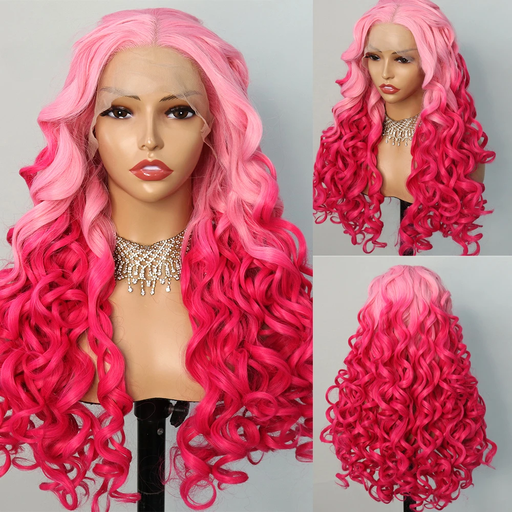 Ombre Pink Colored Synthetic High Temperature Fibe Lace Front Pre Plucked Glueless Body Wave Wigs