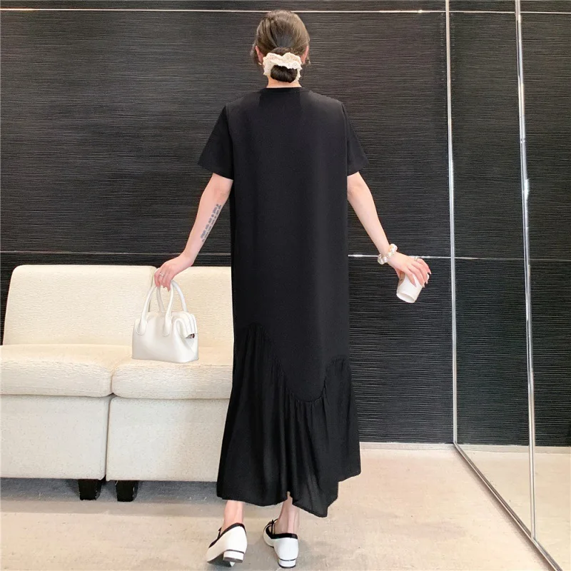 Casual Loose O-neck Solid Short sleeved Dresses Summer Women's Dress New Irregular Splicing Black Maxi Dress Woman clothing