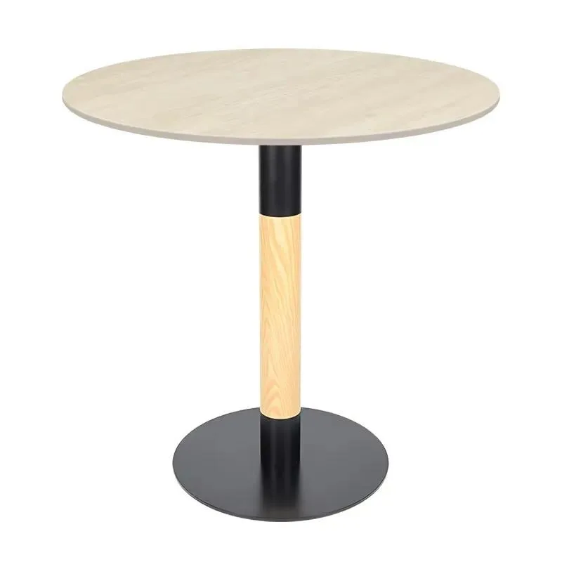 Modern Commercial Round Coffee Table Sintered Stone Top Wood Grain Metal Base