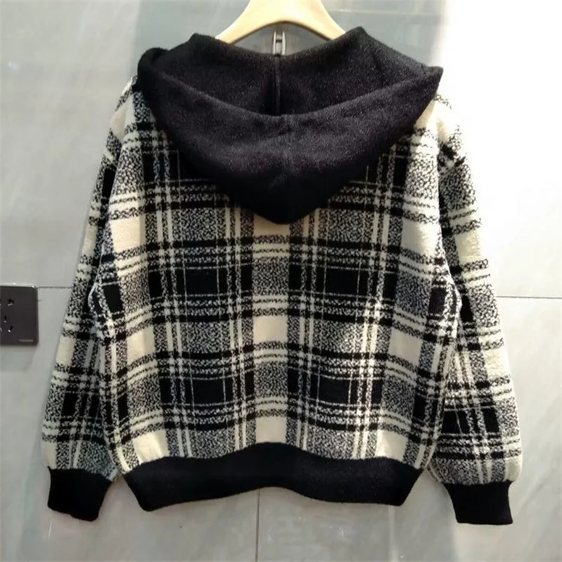 

Норковое шерстяное пальто для женщин, осень-зима 2022, новое ретро клетчатое короткое искусственное двухсекционное пальто с капюшоном, повседневная вязаная куртка, шерстяная верхняя одежда