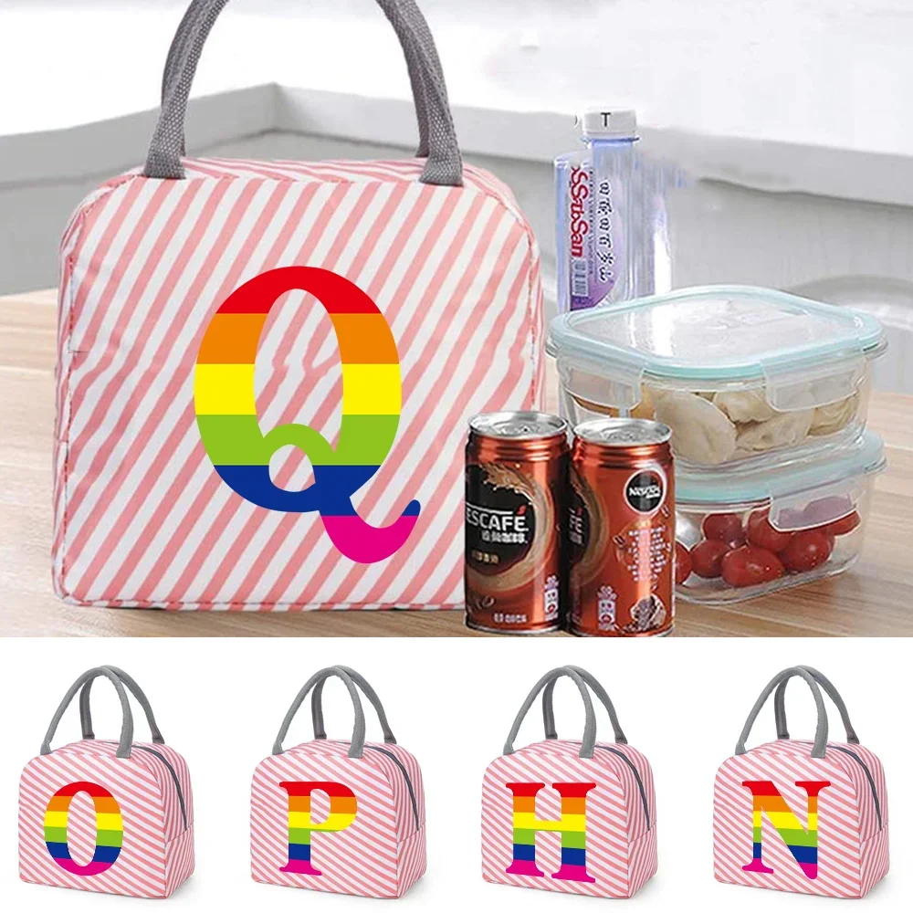 Insulated Lunch Bag Kids Food Storage Bags for Girl Teenage Pink Cute Lunch Box Design Rainbow Printing