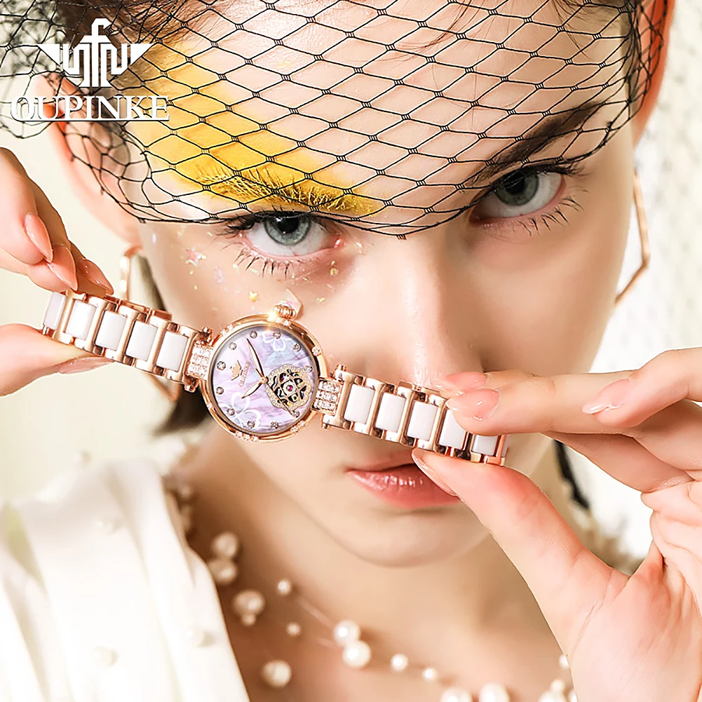 OUPINKE Factory الأصلي الهيكل العظمي موضة ساعة ميكانيكية فاخرة أنيقة حزام ساعة سيراميك الياقوت مرآة مقاوم للماء