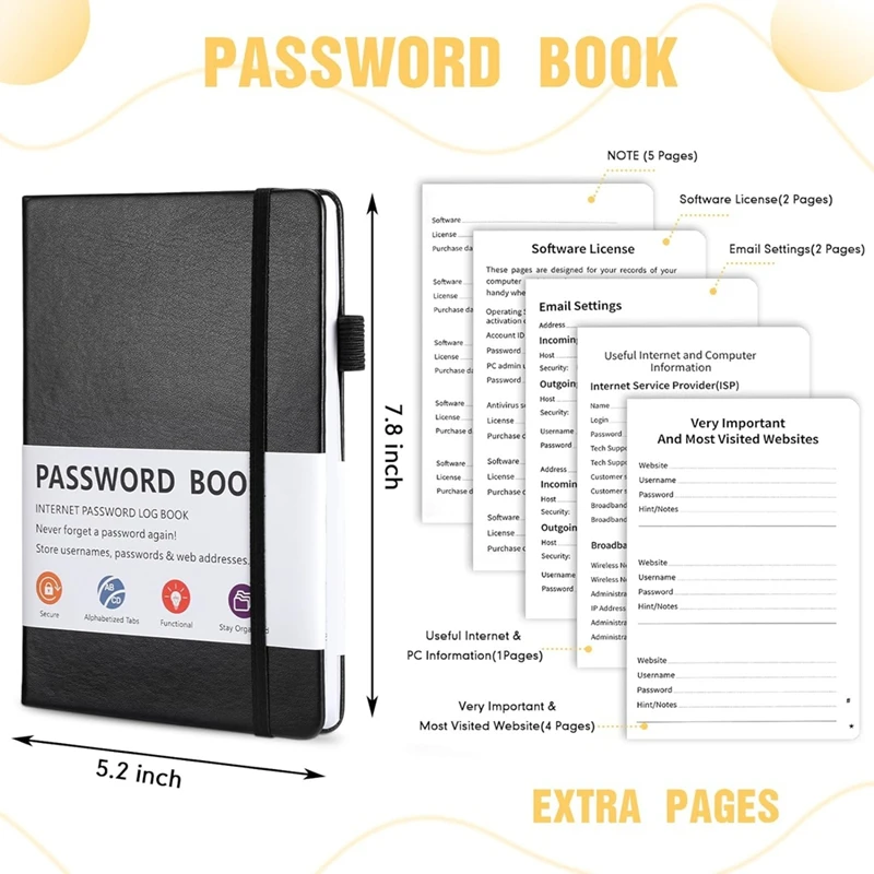 2 Stück Passwortbuch mit alphabetischen Tabs, 7,8 x 5,2 Zoll Passworthalterbuch, als Geschenk für Zuhause und Arbeit, Büro