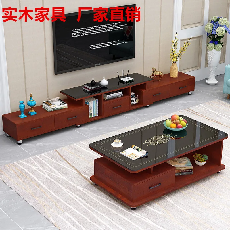 Solid wood TV cabinet coffee table combination simple modern small apartment living room household tempered glass telescopic TV