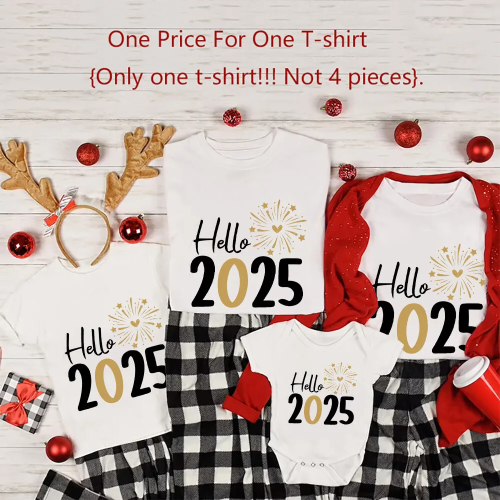 Funny Hello 2025 Family Matching Outfits Mother Father and Daughter Son Tshirt Baby Romper Family Look New Year\'s Clothes