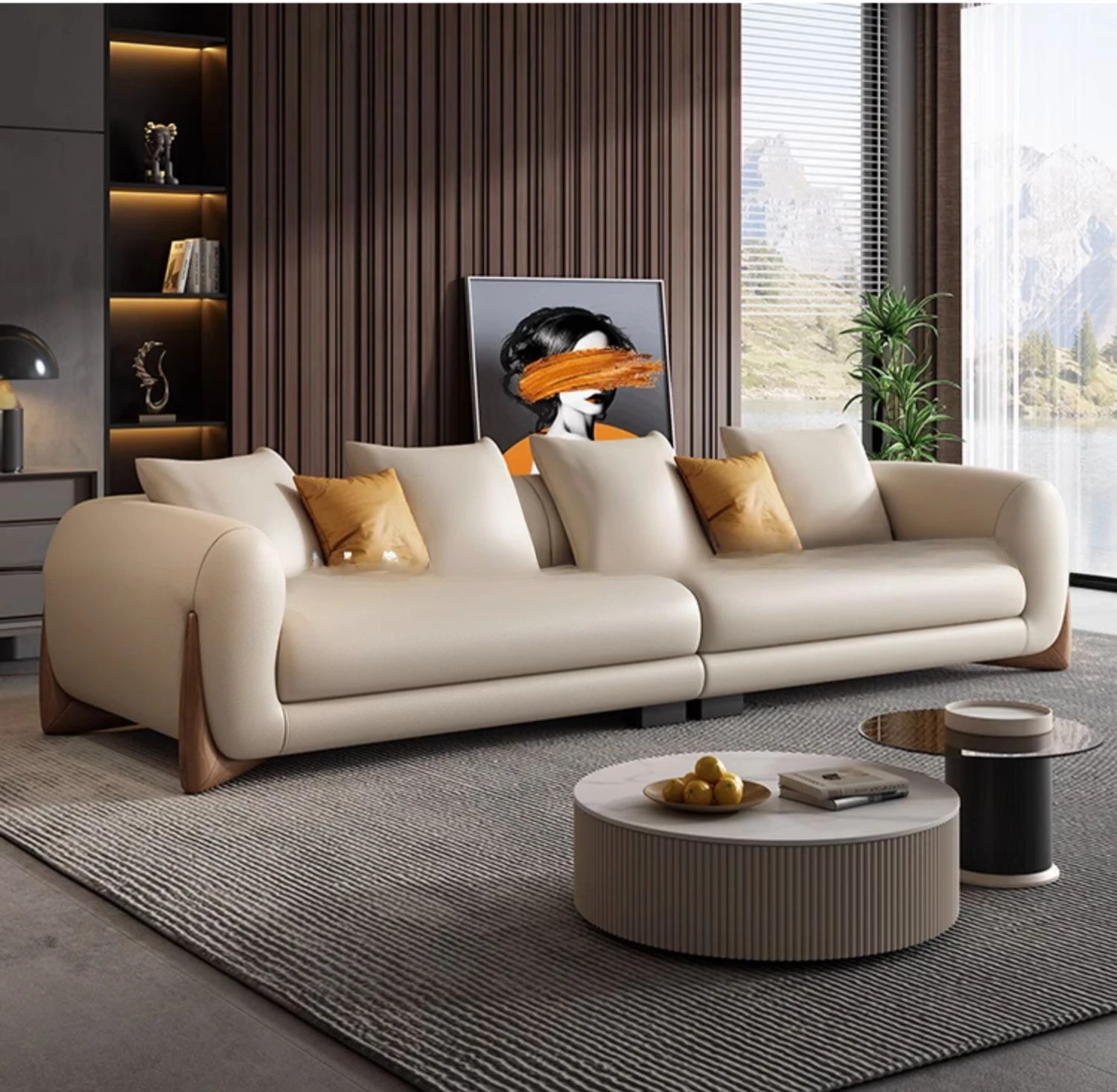 Modern minimalist small unit living room with straight down Italian style minimalist three person leather sofa