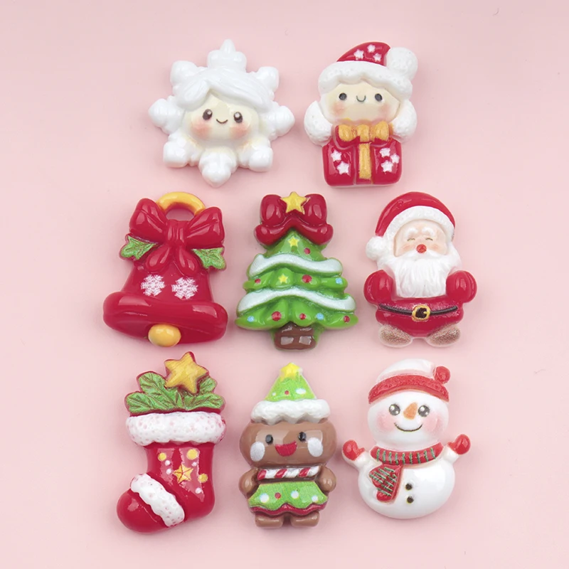 10/100pcs Cartoon Kawaii Resin Christmas Charms Snowman Bell Christmas Tree Santa Claus Christmas Stocking DIY Materials
