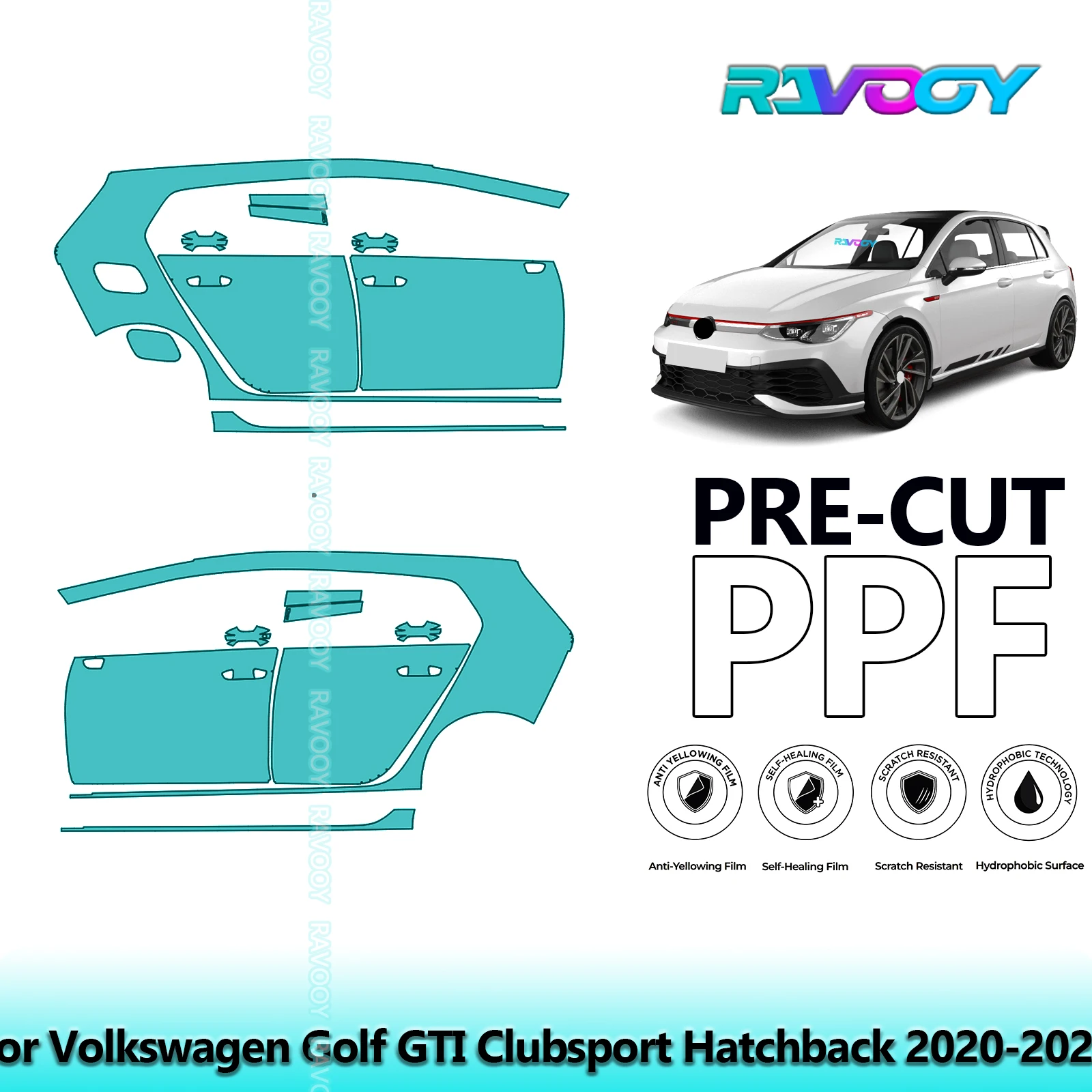

For Volkswagen Golf GTI Clubsport Hatchback 2020-2024 8.5mil Pre-Cut PPF Door & A/B Pillar Kit TPU Paint Protection Film Set