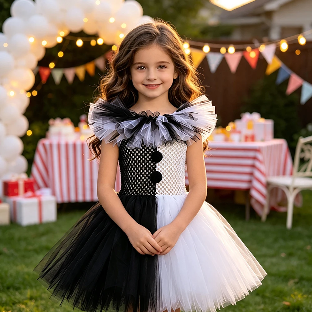 Mädchen Halloween Clown Kostüm Kleid Kinder Schwarz Weiß Gruseliger Clown Kleid mit Hut Socken Handschuhen Set Karneval Cosplay Party Outfit – Detail 13