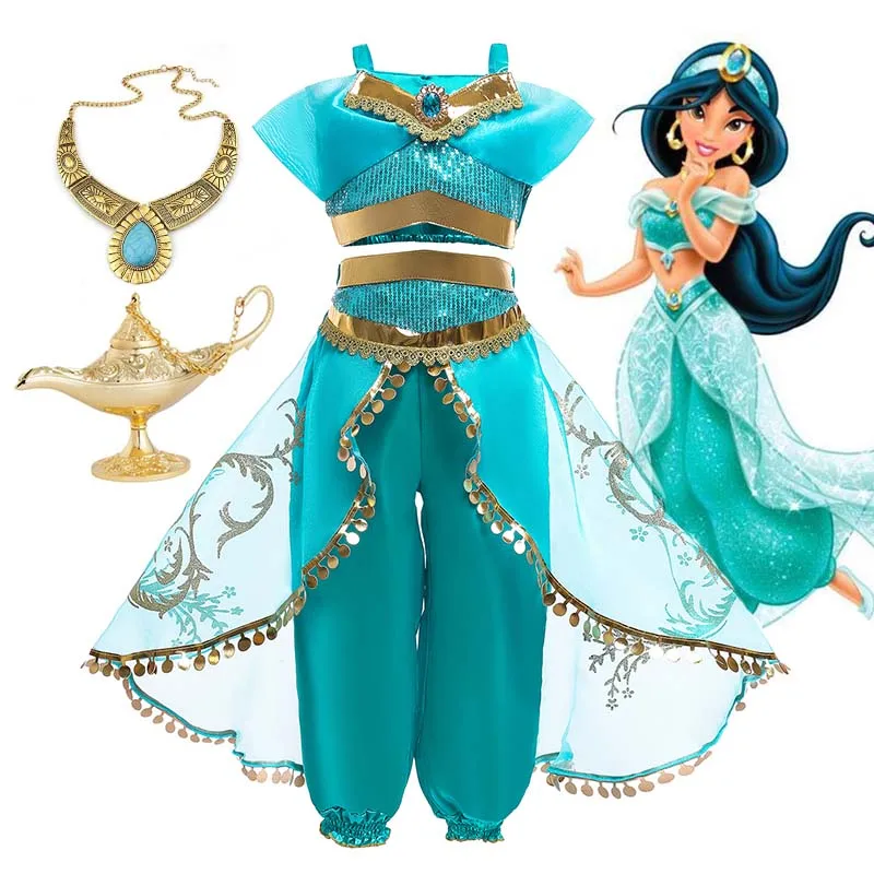 Disney Girls Cosplay Jasmine Costume Aladdin Princess Dress Cosplay Aladdin Lamp Kids Outfits Clothing Carnival Clothes Vestido