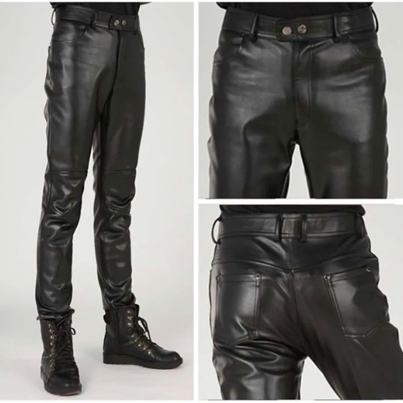 

Plus Size Slim Male Leather Pants Male Trousers Tight Leather Pants Male Motorcycle Pants Men Clothing Black