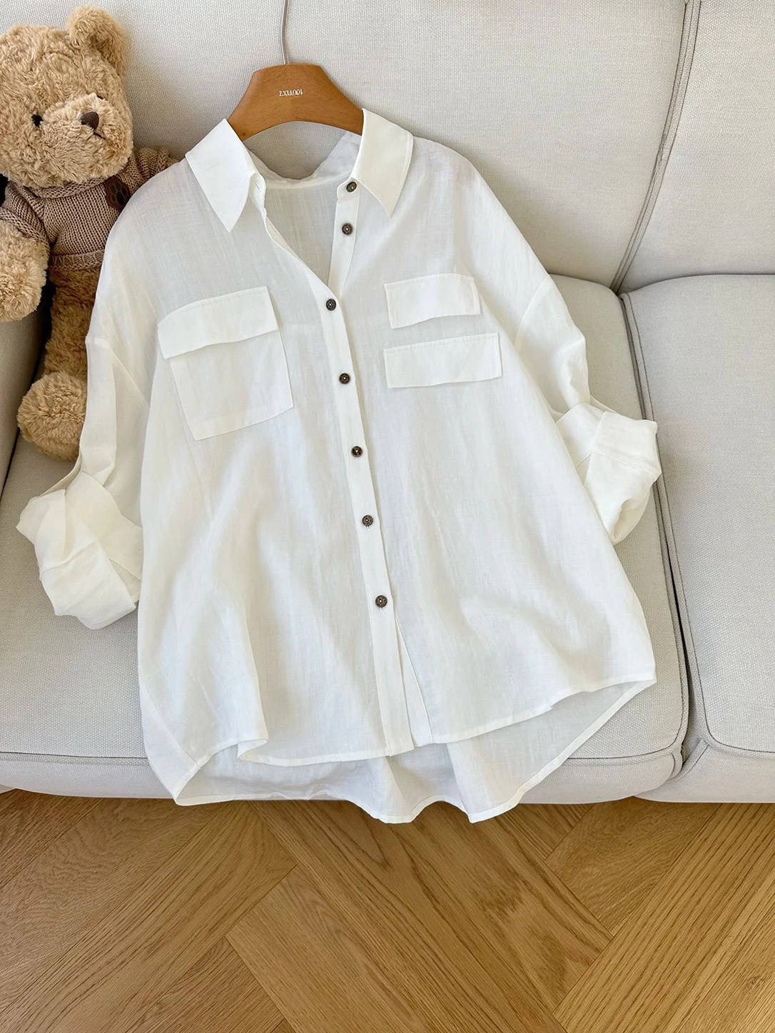 

Han Me White Day Clear Lyocell Linen Loose Women's Shirt Spring Summer Loose Top Commute Style Long Sleeve Button Closure