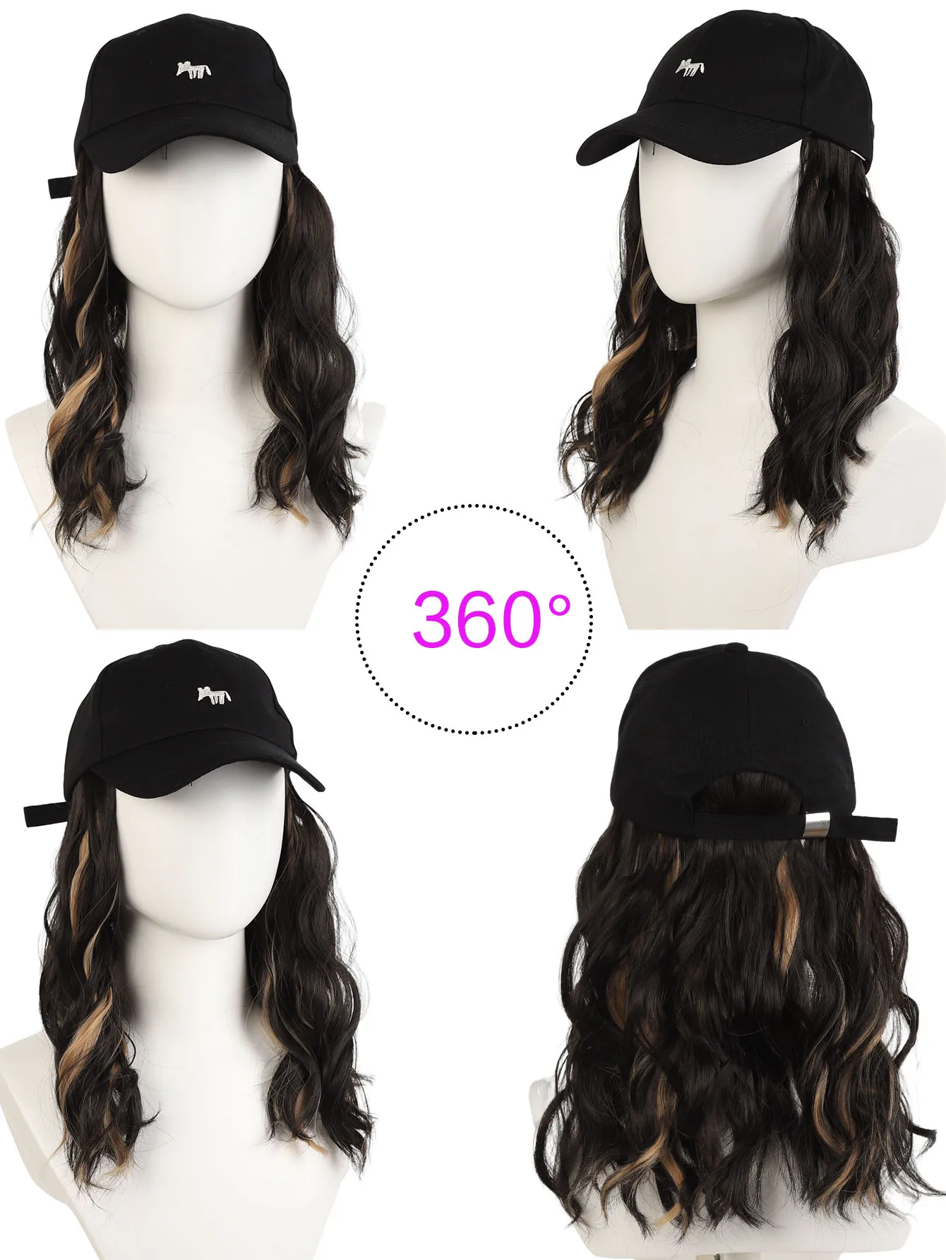 Synthetic black baseball cap wig hat wig one-piece long curly hair wig hat suitable for women's daily party use ﻿